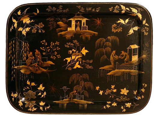 Regency period lacquer and gilt papier mache tray decorated with Chinoiserie scenes